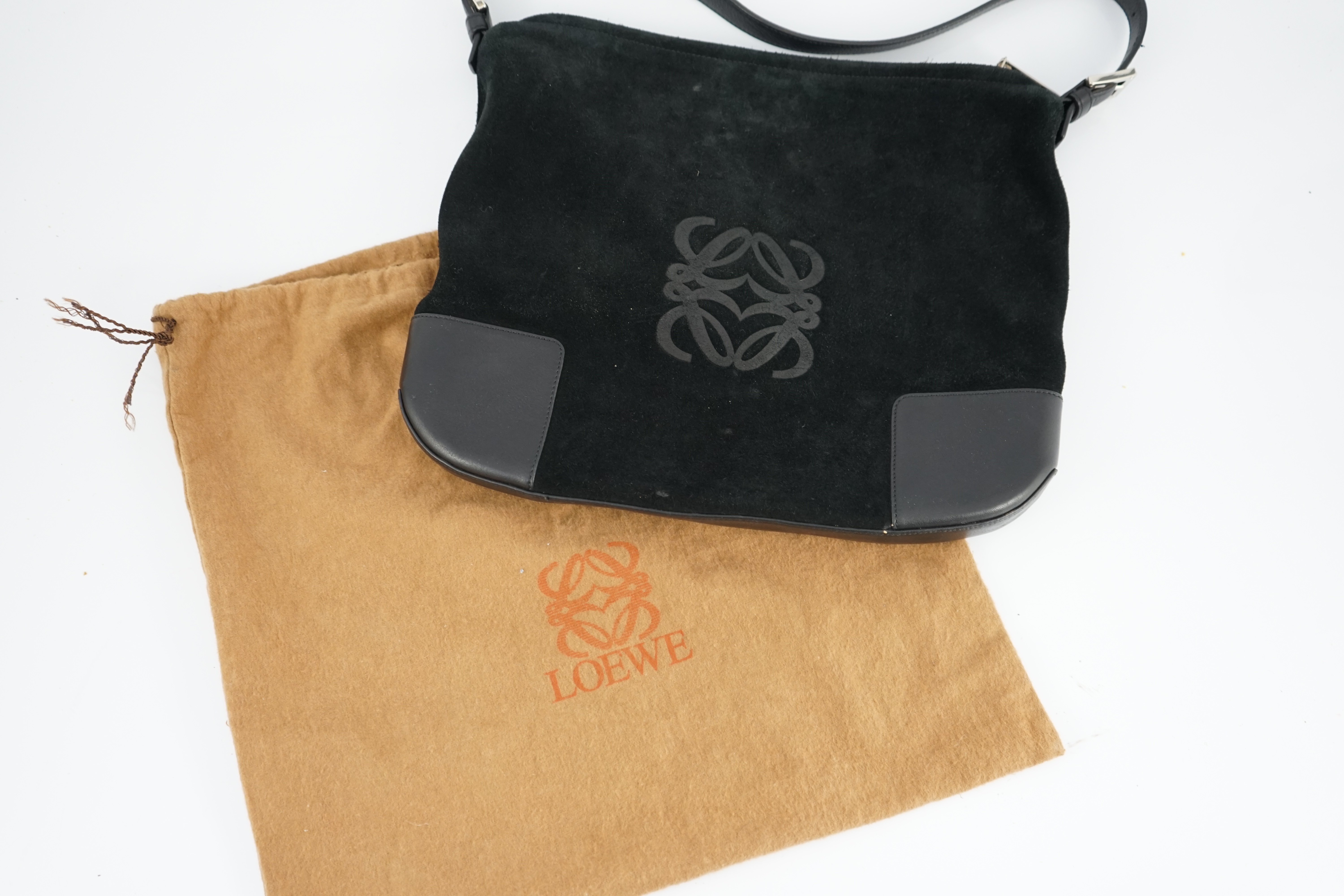 A Loewe black suede and leather shoulder bag and purse, bag width 34cm, depth 3cm, height 28cm, purse width 16.5cm, height 12cm